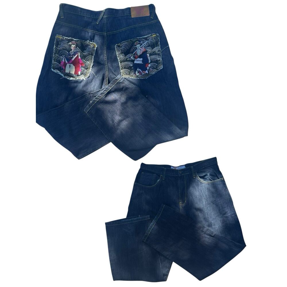 Vintage Japanese Embroidered Geisha Jeans Men’s Size 36 Y2K Streetwear Art Denim